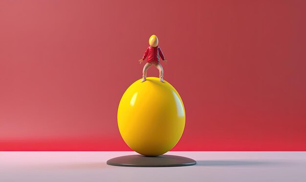 una figura di cartone animato in cima a un uovo rosso nello stile della posa dinamica