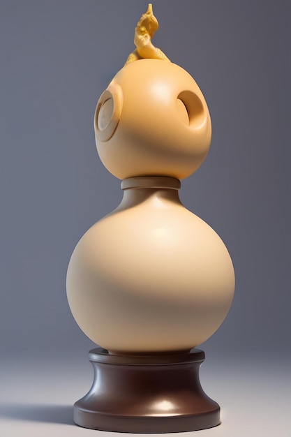 Una figura di plastica marrone con una testa rotonda e una palla rotonda sopra.