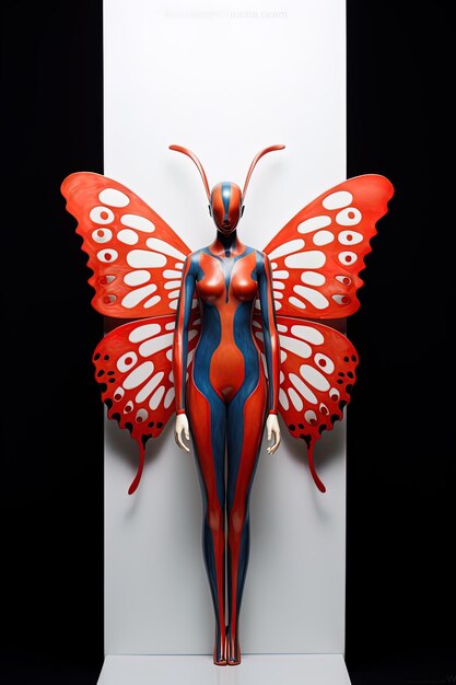 una figura femminile con un corpo rosso e ali blu e bianche