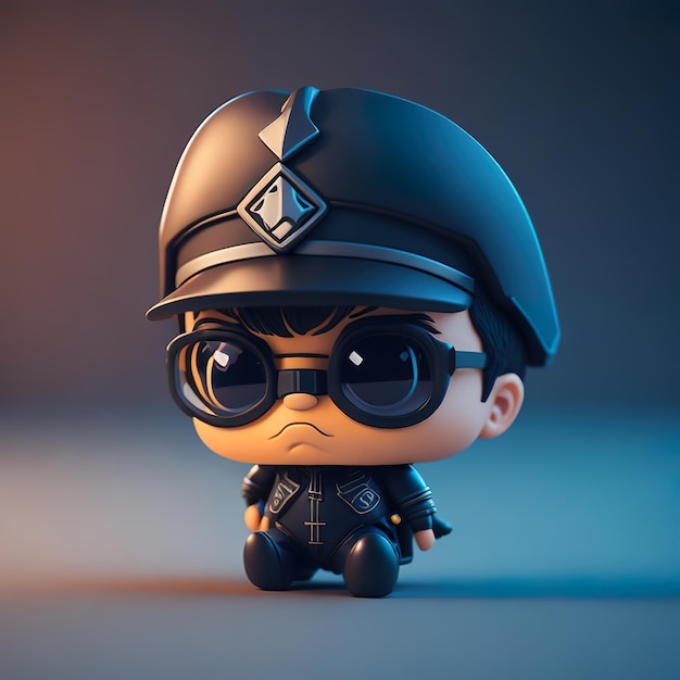 Una figura giocattolo di un agente di polizia con un cappello che dice "sono un agente di polizia"