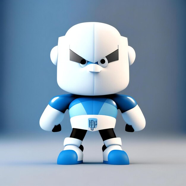 una figura LEGO con un vestito blu e bianco con la scritta "robot" sopra.