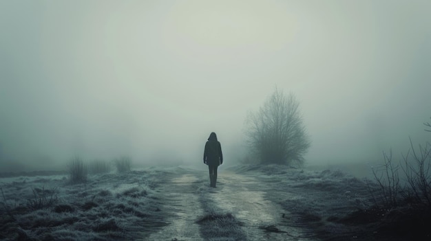 Una figura misteriosa che cammina da sola nella nebbia, illustrazione generata dall'AI