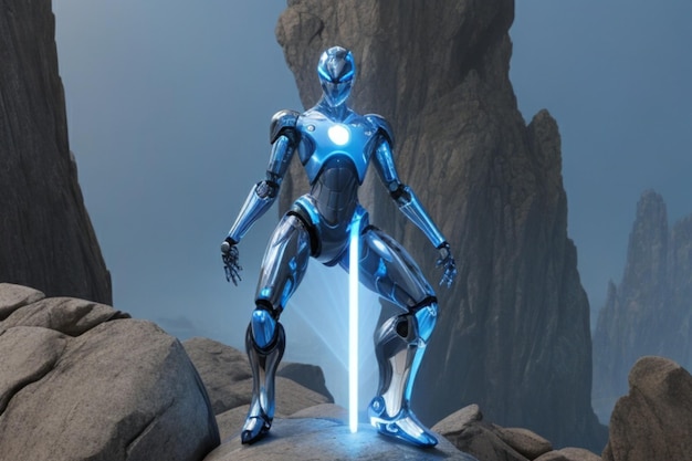 Una figura robotica con un elegante corpo metallico illuminato da una brillante luce blu