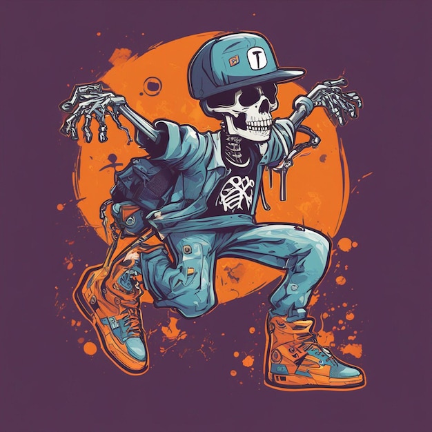 Una figura scheletrica con una maglietta caratterizzata da un classico design hiphop di Halloween