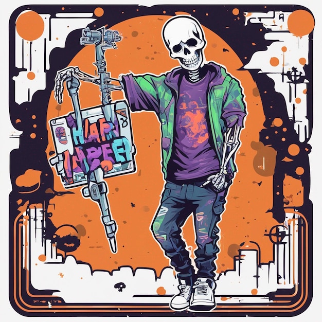 Una figura scheletrica con una maglietta caratterizzata da un classico design hiphop di Halloween