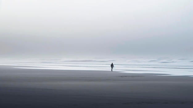 Una figura solitaria che cammina sulla spiaggia in un giorno nebbioso d'inverno