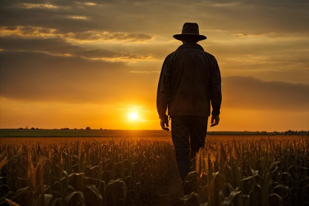 Una figura solitaria in silhouette contro un sole al tramonto che raccoglie un raccolto di mais maturo