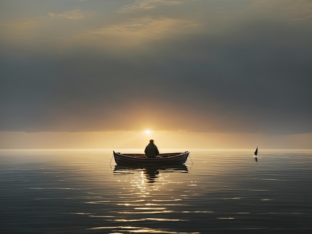 una figura solitaria in una piccola barca e onde