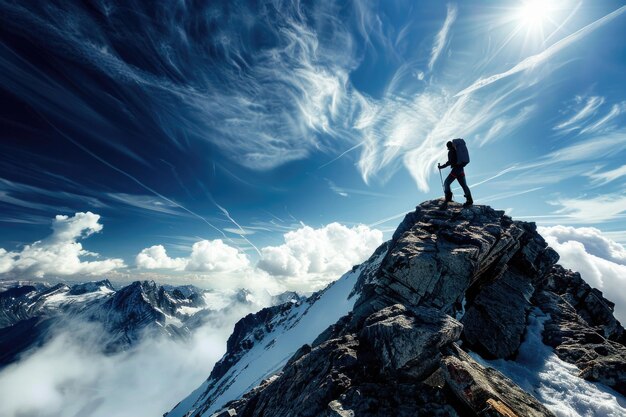 Una figura solitaria si erge orgogliosamente sulla vetta di un'alta montagna circondata da una vista panoramica mozzafiato di aspre cime e vaste valli