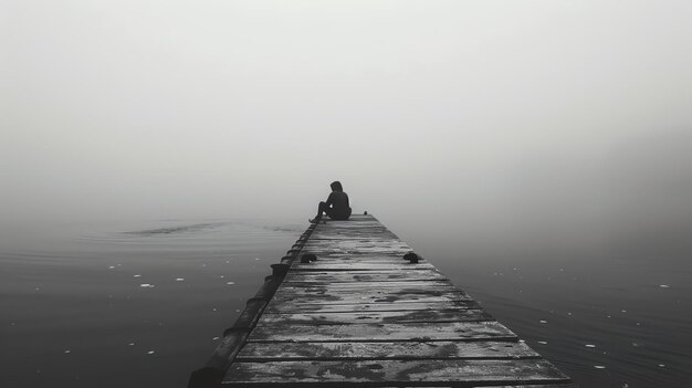 Una figura solitaria si siede su un molo in mezzo a un lago l'acqua è ferma e l'aria è nebbiosa