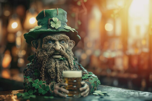 Una figurina stravagante di un leprechaun barbuto che tiene una tazza in un ambiente festivo immagine di alta qualità