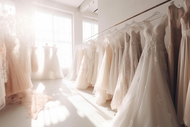 Una fila di abiti da sposa è allineata in un negozio.