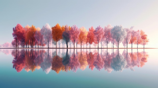 Una fila di alberi d'arancia riflessa nell'acqua in autunno generata dall'AI