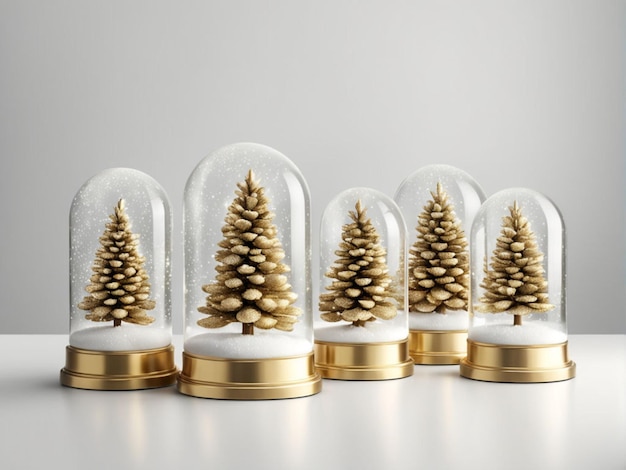una fila di alberi di Natale d'oro in un contenitore trasparente