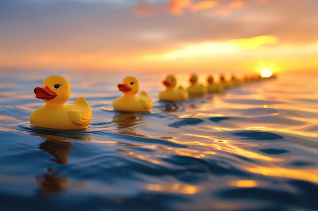 Una fila di anatre di gomma galleggia serenamente sulle acque calme durante il tramonto