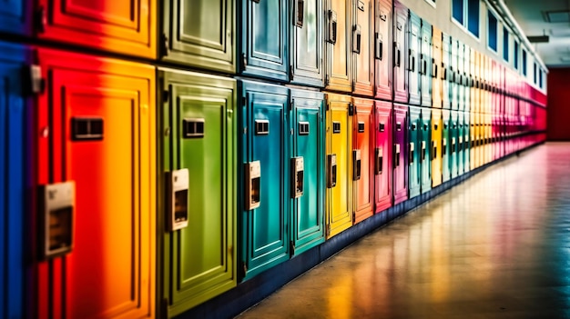 Una fila di armadietti scolastici colorati crea un'atmosfera vibrante e vivace in un corridoio
