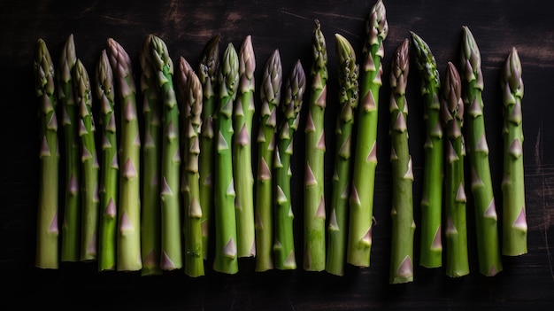 Una fila di asparagi su sfondo nero