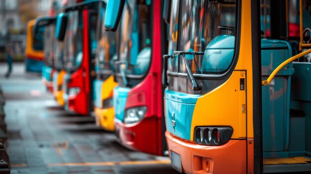 Una fila di autobus colorati allineati in una stazione di transito pronti a trasportare i passeggeri lungo i loro pendolari giornalieri che mostrano le opzioni di trasporto pubblico