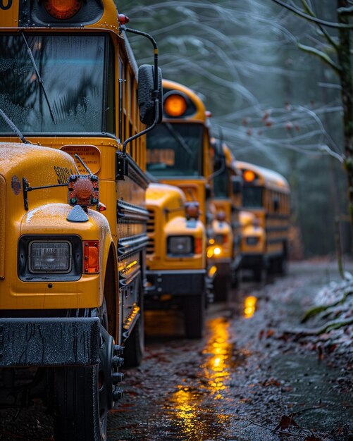 Una fila di autobus scolastici parcheggiati fuori sullo sfondo