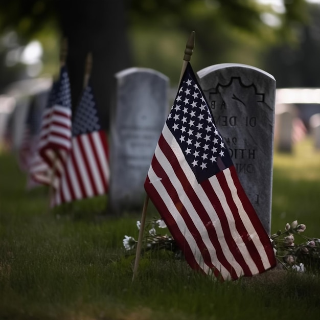 Una fila di bandiere americane è nel giorno dei veterani dell'erba