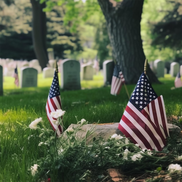 Una fila di bandiere americane è nel giorno dei veterani dell'erba