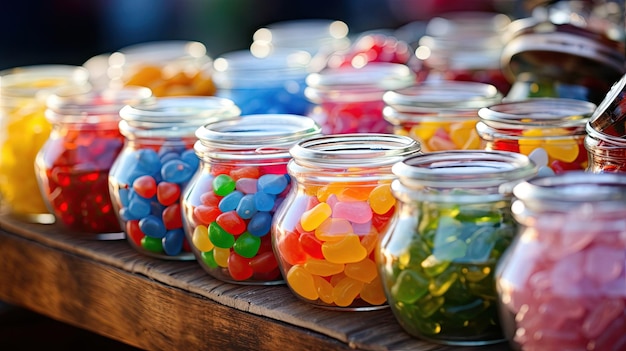 Una fila di barattoli di caramelle colorate con dentro un barattolo di caramelle.