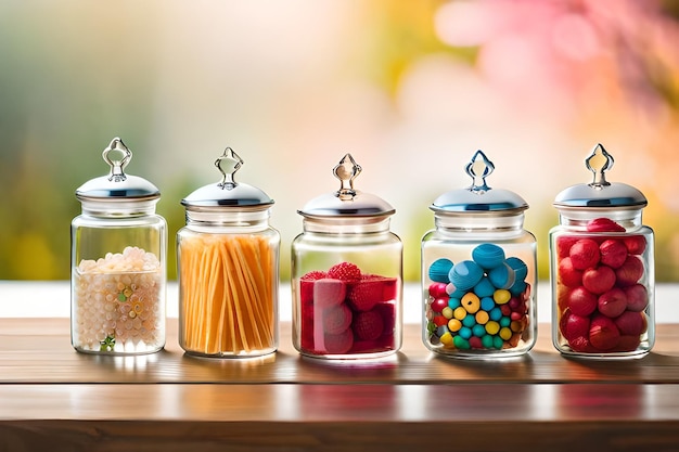 Una fila di barattoli di vetro con sopra caramelle di colore diverso.