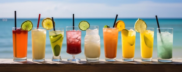 Una fila di bicchieri con diversi cocktail tropicali Diversi cocktail stanno sul bancone del bar con la spiaggia dell'Oceano sullo sfondo