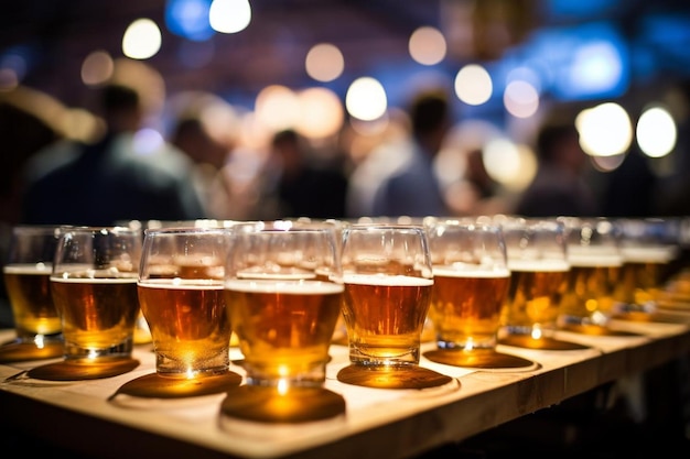 una fila di bicchieri da birra con persone sullo sfondo