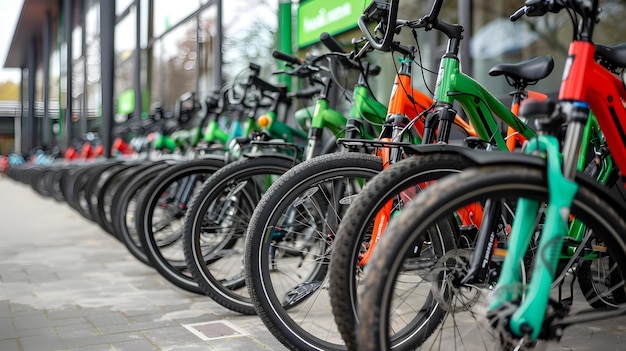 Una fila di biciclette verdi e rosse parcheggiate fuori dal negozio
