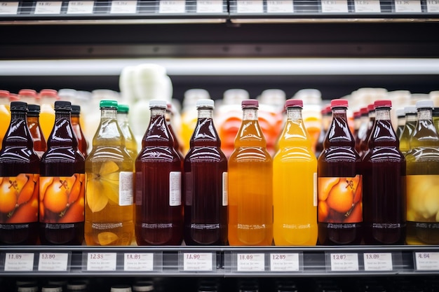 Una fila di bottiglie colorate di diverse marche di succo di mela su uno scaffale del negozio
