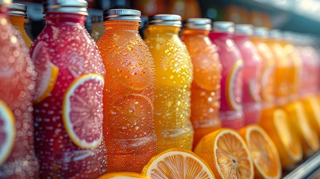 Una fila di bottiglie colorate di succo con alcune fette di arance sul fondo
