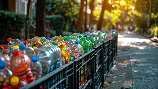 Una fila di bottiglie di plastica sono allineate su una recinzione ai