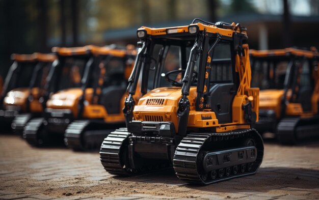 Una fila di bulldozer gialli vibranti parcheggiati in fila