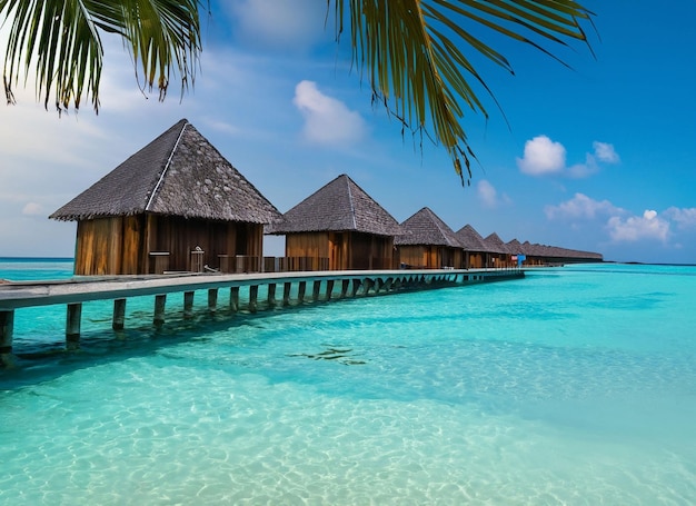 Una fila di bungalow su una spiaggia tropicale