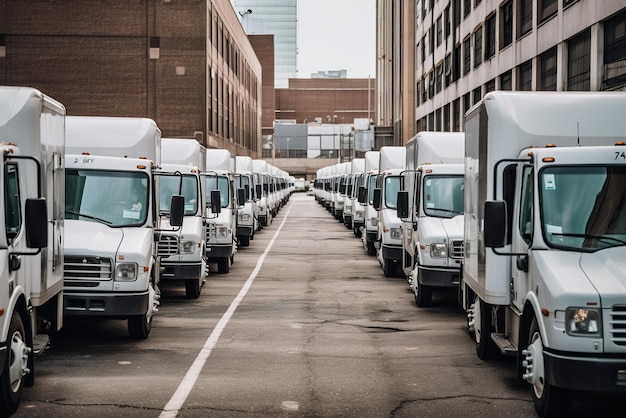 Una fila di camion bianchi parcheggiati in un parcheggio immagine generativa ai