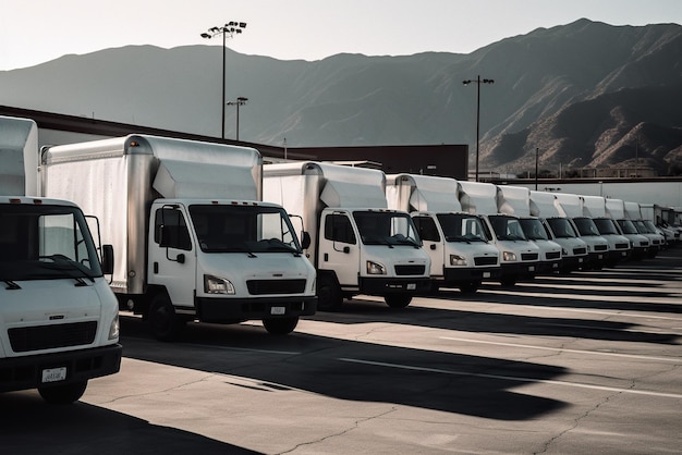 Una fila di camion bianchi parcheggiati in un parcheggio immagine generativa ai