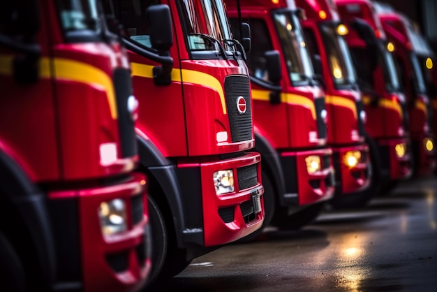 Una fila di camion dei pompieri rossi allineati in fila Immagine AI generativa