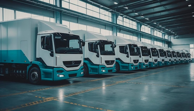 Una fila di camion è parcheggiata in un magazzino.