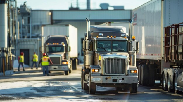Una fila di camion parcheggiati fuori da una piattaforma di carico in un centro di distribuzione di biocarburanti occupato lavoratori in