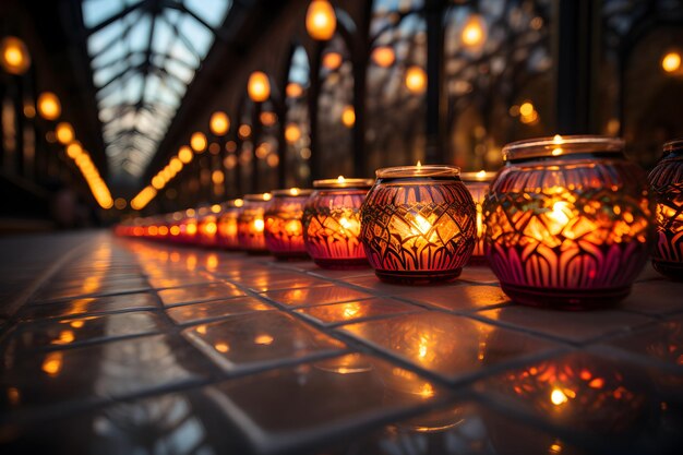 Una fila di candele accese in una chiesa buia Fede e preghiera