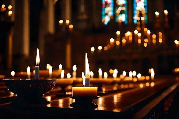 una fila di candele con una chiesa sullo sfondo.