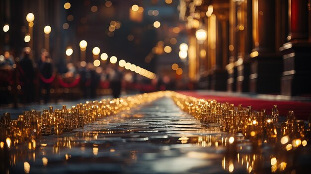 una fila di candele dorate su un marciapiede davanti a un edificio con le luci accese