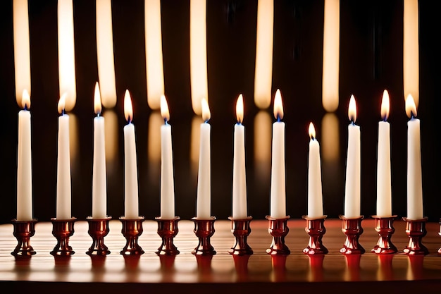 Una fila di candele in fila con la luce sul muro dietro di loro.