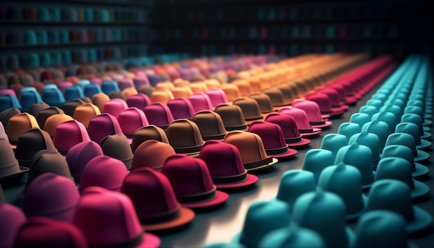 Una fila di cappelli su un tavolo con uno di colori diversi