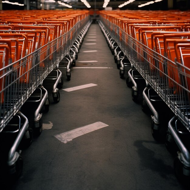 una fila di carrelli della spesa allineati in un parcheggio