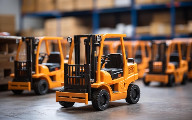 Una fila di carrelli elevatori pronti per il lavoro in un magazzino tra le pile di casse e pallet