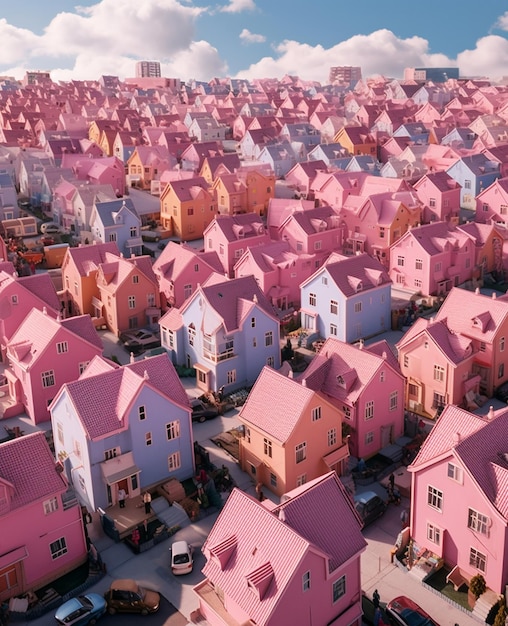 una fila di case colorate con il tetto rosa