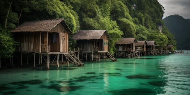 Una fila di case di legno sull'acqua con la parola koh chang sul fondo.