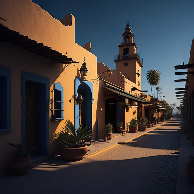 Una fila di case messicane con luce diurna e cielo blu